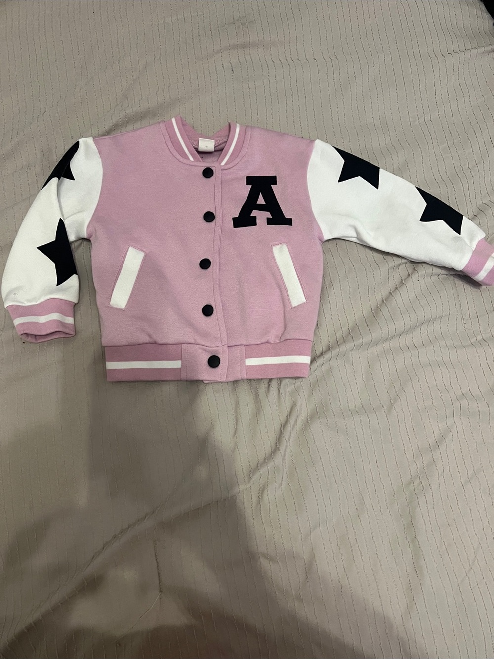 Girls Pink & White Star Sleeve Varsity Jacket with 'A' Patch